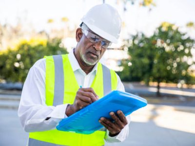 A senior black male construction site manager visually inspects a building project